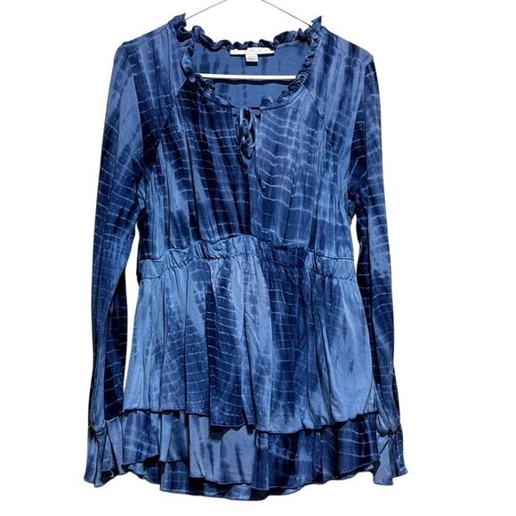 Boston Proper Tops - Boston Proper Women's Tie Dye Ruffle Collar Tie Neck Flowy Tunic Size Medium